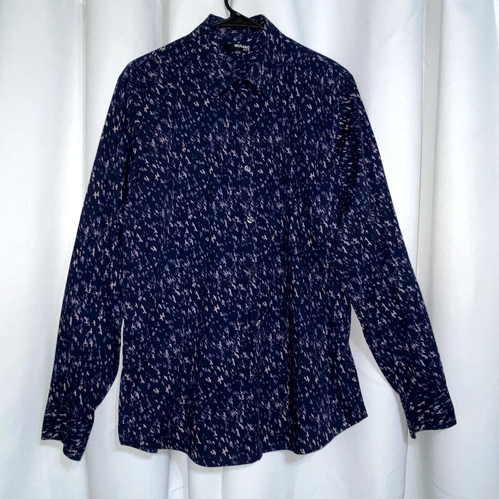 Murano Shirt Men's Large Dark Blue Bird Print Pattern‎ Slim Fit Long Sleeve